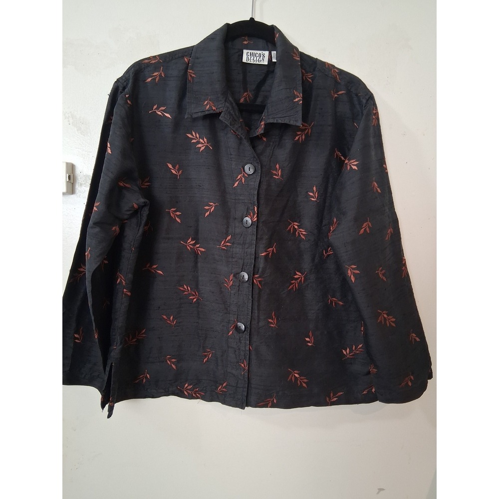 Chicos Design Womens Black Silk Slub Embroidered Leaf Button Front Shirt Size 2